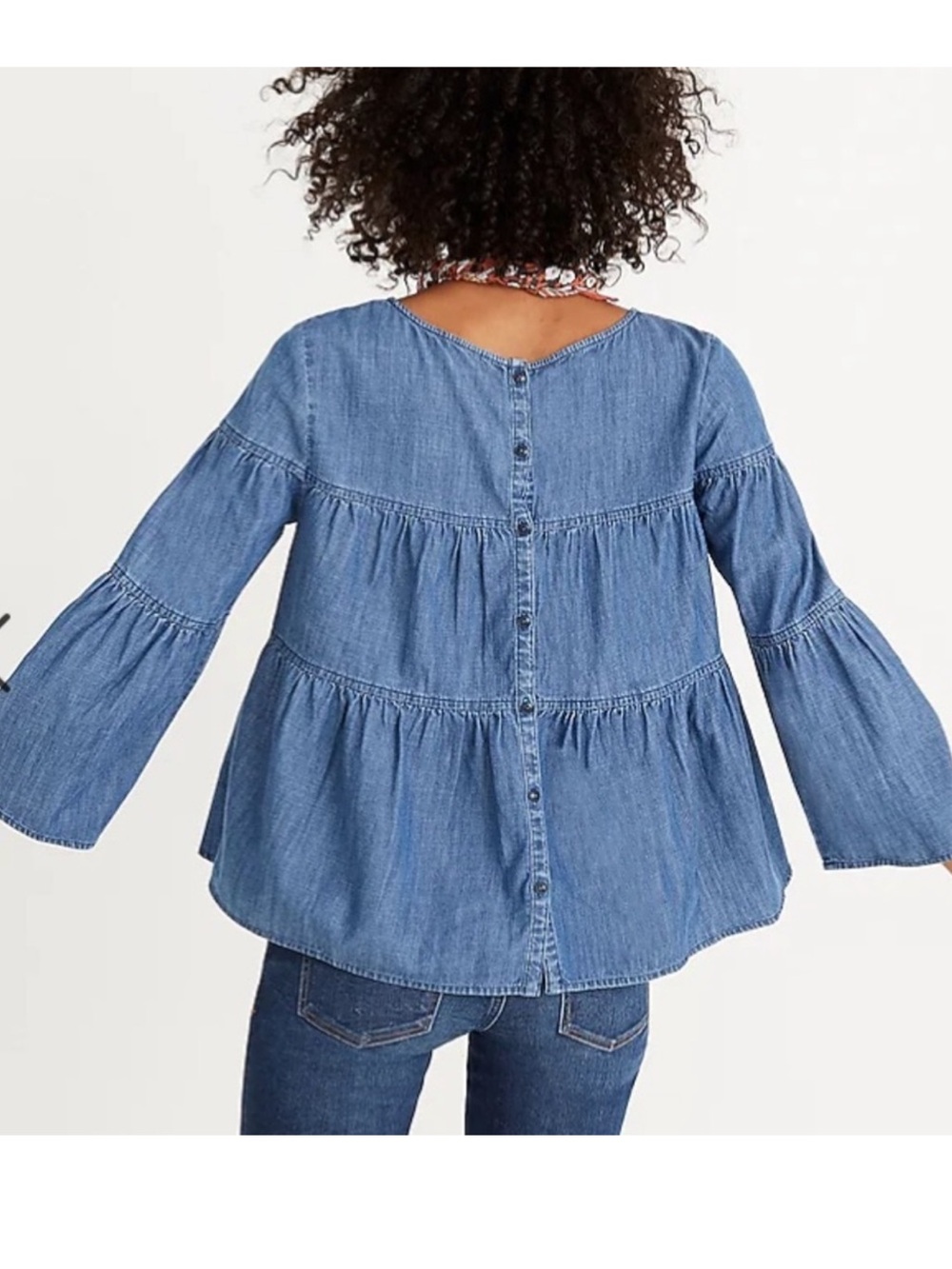 Madewell Tiered Chambray Bell Sleeve Top Coastal Cottagecore Boho Denim XS